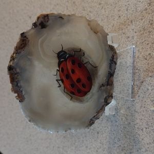 Ladybug painting by Heather Mcgee on a geode slice